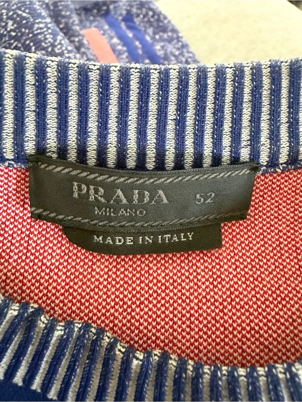 Prada Blue Short-Sleeve Crewneck Sweater with Red Trim
